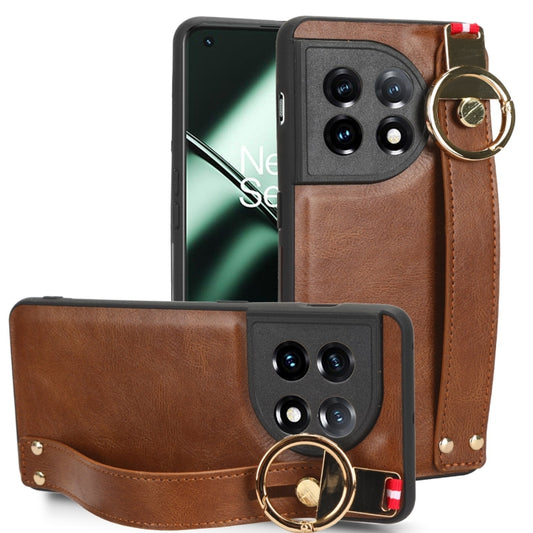 For OnePlus 11 Wristband Leather Back Phone Case(Brown) - OnePlus Cases by buy2fix | Online Shopping UK | buy2fix