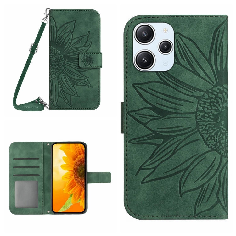 For Xiaomi Redmi 12 5G Skin Feel Sun Flower Embossed Flip Leather Phone Case with Lanyard(Green) - Xiaomi Cases by buy2fix | Online Shopping UK | buy2fix