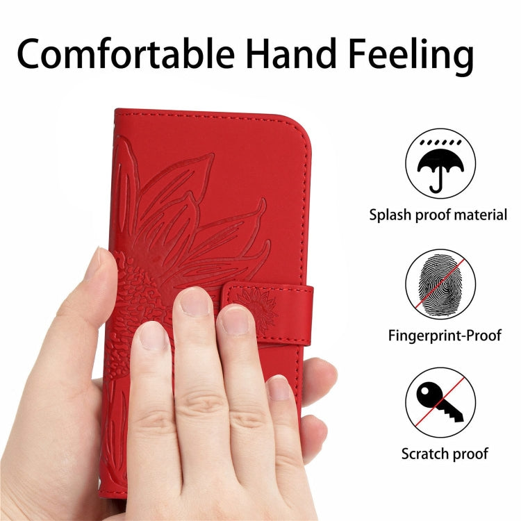 For Xiaomi Redmi 13C 5G Skin Feel Sun Flower Embossed Flip Leather Phone Case with Lanyard(Red) - 13C Cases by buy2fix | Online Shopping UK | buy2fix