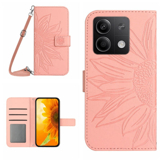 For Xiaomi Redmi Note 13 4G Global Skin Feel Sun Flower Embossed Flip Leather Phone Case with Lanyard(Pink) - Note 13 Cases by buy2fix | Online Shopping UK | buy2fix