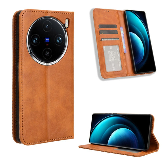 For vivo X100 Pro 5G Magnetic Buckle Retro Texture Leather Phone Case(Brown) - X100 Pro Cases by buy2fix | Online Shopping UK | buy2fix