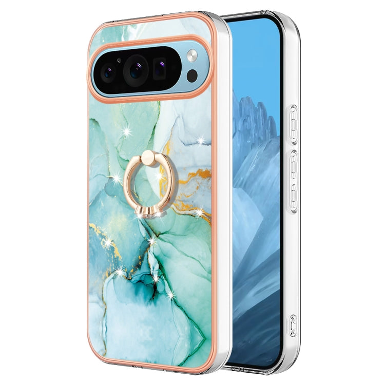 For Google Pixel 9 / 9 Pro Electroplating Marble IMD TPU Phone Case with Ring Holder(Green 003) - Google Cases by buy2fix | Online Shopping UK | buy2fix