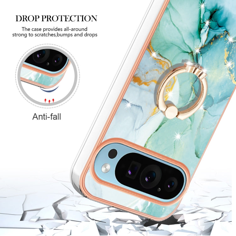 For Google Pixel 9 Pro XL Electroplating Marble IMD TPU Phone Case with Ring Holder(Green 003) - Google Cases by buy2fix | Online Shopping UK | buy2fix