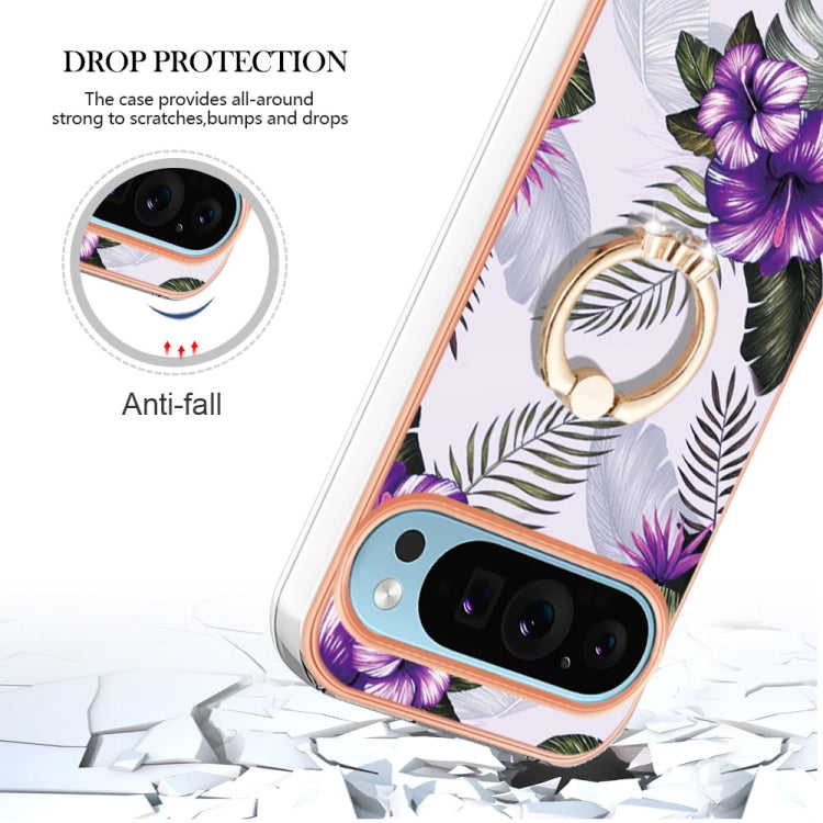 For Google Pixel 9 / 9 Pro Electroplating IMD TPU Phone Case with Ring(Purple Flower) - Google Cases by buy2fix | Online Shopping UK | buy2fix