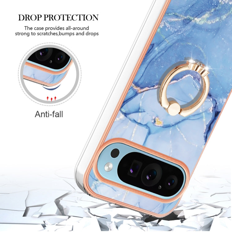 For Google Pixel 9 / 9 Pro Electroplating Marble Dual-side IMD Phone Case with Ring(Blue 018) - Google Cases by buy2fix | Online Shopping UK | buy2fix