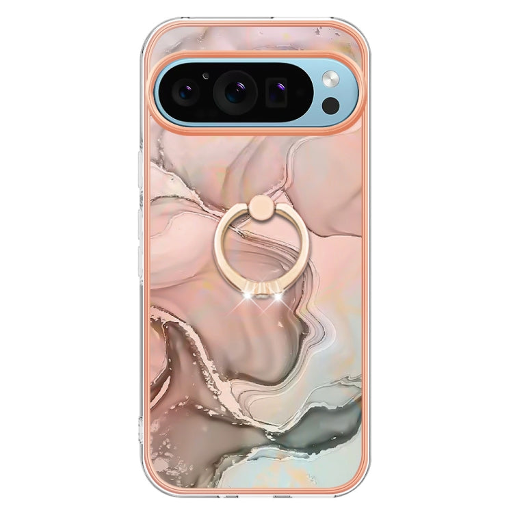 For Google Pixel 9 / 9 Pro Electroplating Marble Dual-side IMD Phone Case with Ring(Rose Gold 015) - Google Cases by buy2fix | Online Shopping UK | buy2fix