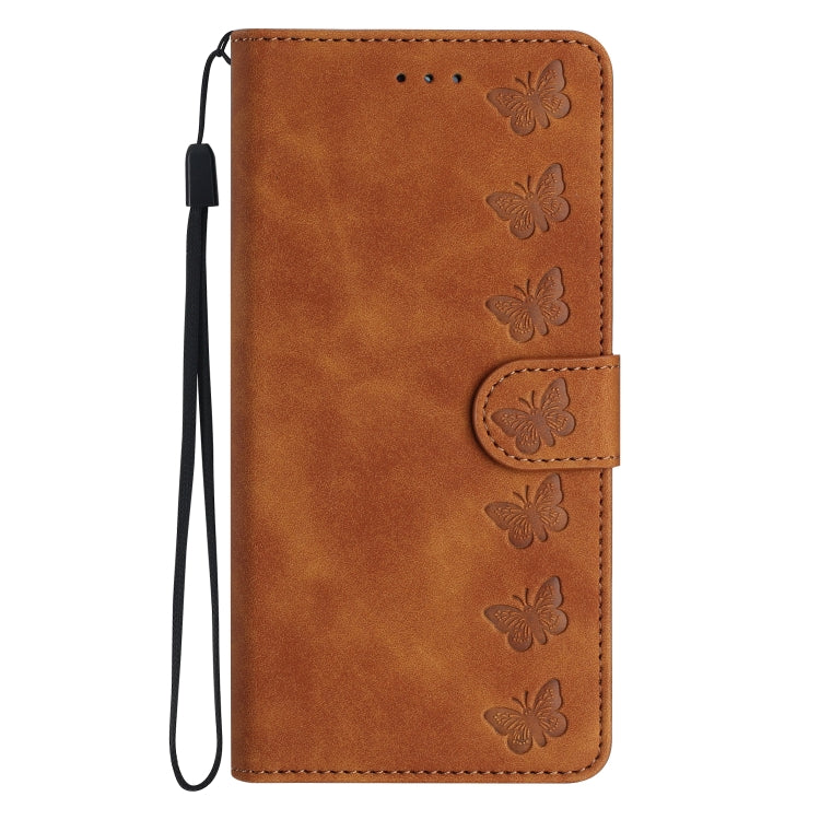 For iPhone 16 Seven Butterflies Embossed Leather Phone Case(Brown) - iPhone 16 Cases by buy2fix | Online Shopping UK | buy2fix