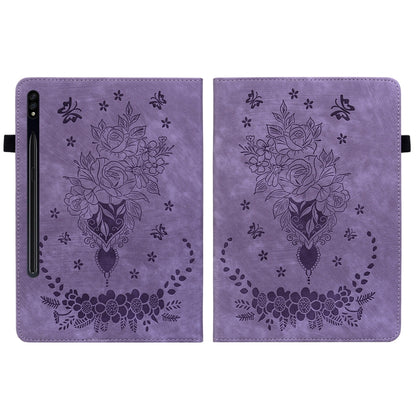 For Samsung Galaxy Tab S9 Butterfly Rose Embossed Leather Tablet Case(Purple) - Galaxy Tab S9 Cases by buy2fix | Online Shopping UK | buy2fix