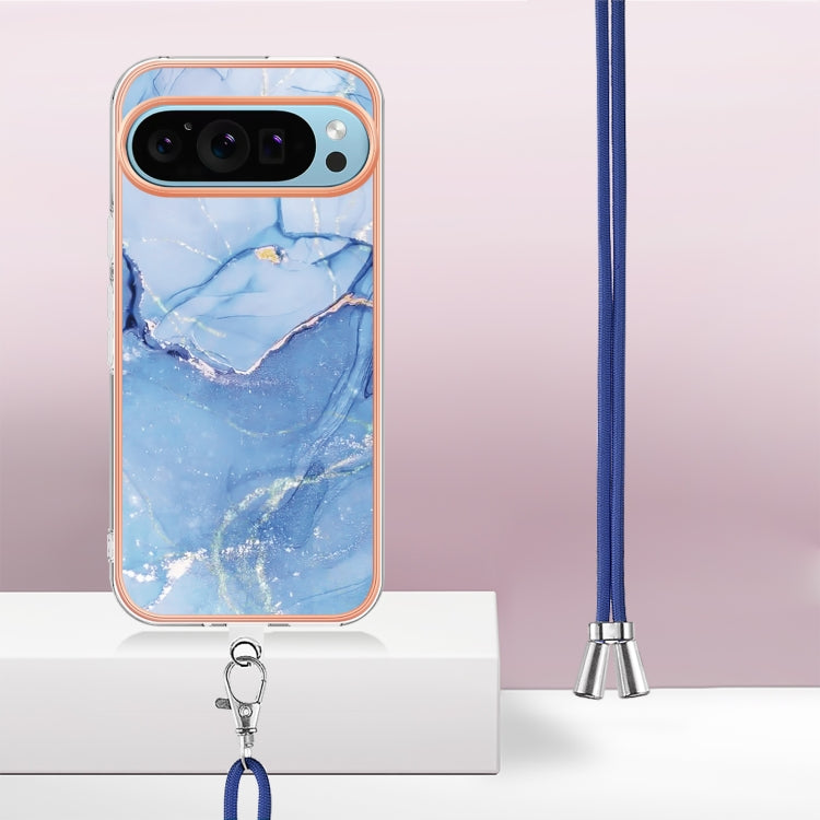 For Google Pixel 9 / 9 Pro Electroplating Marble Dual-side IMD Phone Case with Lanyard(Blue 018) - Google Cases by buy2fix | Online Shopping UK | buy2fix