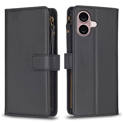 For iPhone 16 Plus 9 Card Slots Zipper Wallet Leather Flip Phone Case(Black) - iPhone 16 Plus Cases by buy2fix | Online Shopping UK | buy2fix