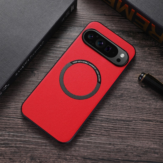 For Google Pixel 9 Pro Magsafe Magnetic Ring Leather Texture Phone Case(Red) - Google Cases by buy2fix | Online Shopping UK | buy2fix