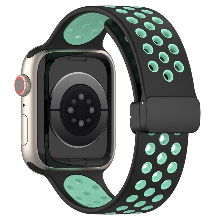 For Apple Watch 38mm Magnetic Buckle Silicone Watch Band(Black Cyan) - Watch Bands by buy2fix | Online Shopping UK | buy2fix