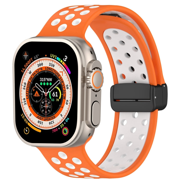 For Apple Watch Series 9 45mm Magnetic Buckle Silicone Watch Band(Orange White) - Watch Bands by buy2fix | Online Shopping UK | buy2fix