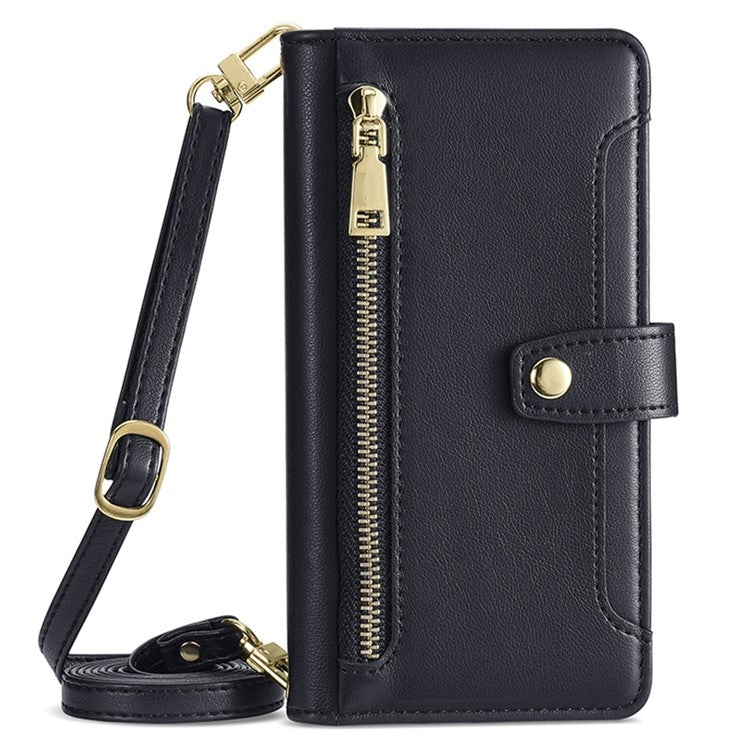 For Realme 12 5G Sheep Texture Cross-body Zipper Wallet Leather Phone Case(Black) - Realme Cases by buy2fix | Online Shopping UK | buy2fix