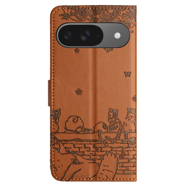 For Google Pixel 9 / 9 Pro Cat Embossing Pattern Leather Phone Case with Lanyard(Brown) - Google Cases by buy2fix | Online Shopping UK | buy2fix