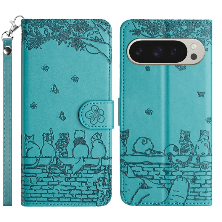 For Google Pixel 9 Pro XL Cat Embossing Pattern Leather Phone Case with Lanyard(Blue) - Google Cases by buy2fix | Online Shopping UK | buy2fix