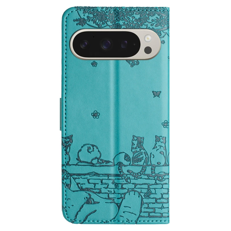 For Google Pixel 9 Pro XL Cat Embossing Pattern Leather Phone Case with Lanyard(Blue) - Google Cases by buy2fix | Online Shopping UK | buy2fix