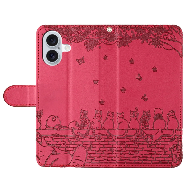 For iPhone 16 Plus Cat Embossing Pattern Leather Phone Case with Lanyard(Red) - iPhone 16 Plus Cases by buy2fix | Online Shopping UK | buy2fix