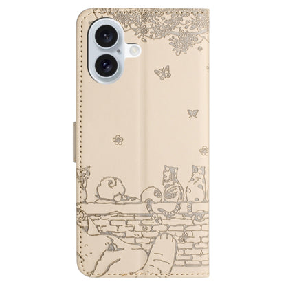 For iPhone 16 Plus Cat Embossing Pattern Leather Phone Case with Lanyard(Beige) - iPhone 16 Plus Cases by buy2fix | Online Shopping UK | buy2fix