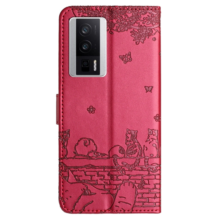 For Xiaomi Poco F5 Pro Cat Embossing Pattern Leather Phone Case with Lanyard(Red) - Xiaomi Cases by buy2fix | Online Shopping UK | buy2fix