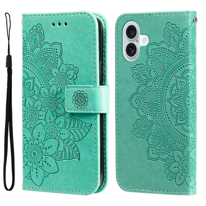 For iPhone 16 Plus 7-petal Flowers Embossing Leather Phone Case(Green) - iPhone 16 Plus Cases by buy2fix | Online Shopping UK | buy2fix