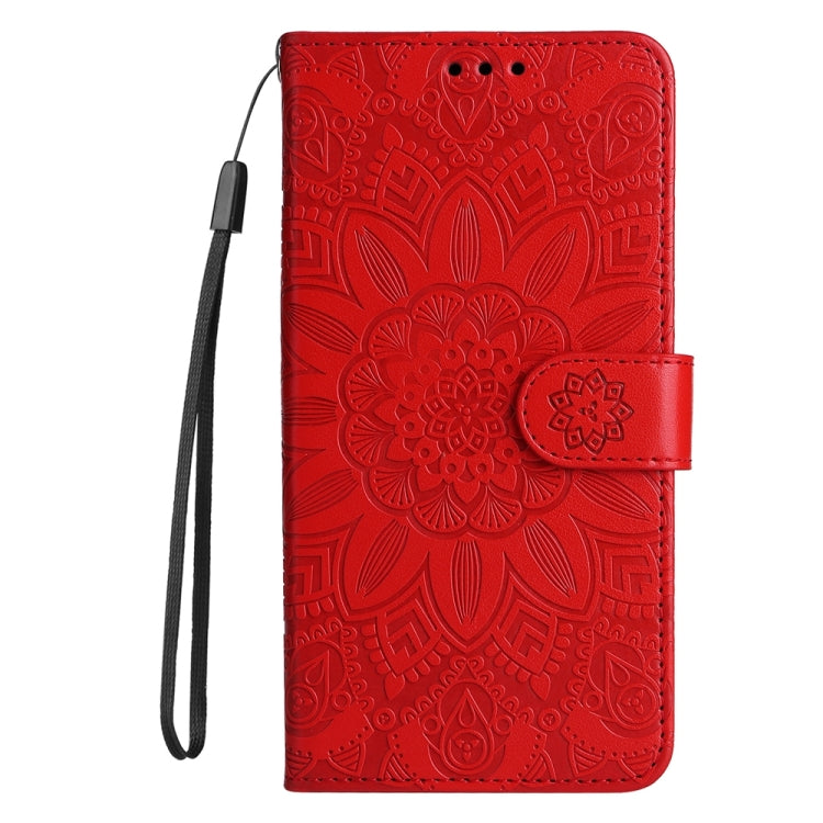 For iPhone 16 Plus Embossed Sunflower Leather Phone Case(Red) - iPhone 16 Plus Cases by buy2fix | Online Shopping UK | buy2fix