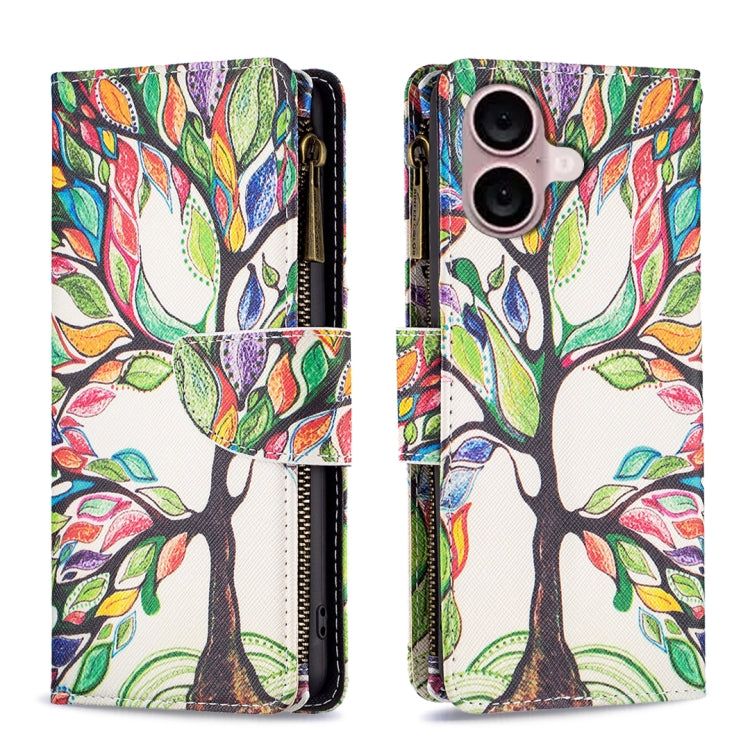 For iPhone 16 Plus Colored Drawing Pattern Zipper Phone Leather Case(Tree) - iPhone 16 Plus Cases by buy2fix | Online Shopping UK | buy2fix