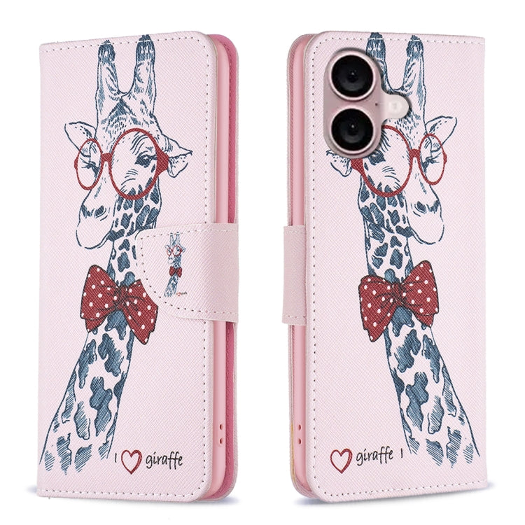 For iPhone 16 Colored Drawing Pattern Leather Phone Case(Giraffe) - iPhone 16 Cases by buy2fix | Online Shopping UK | buy2fix