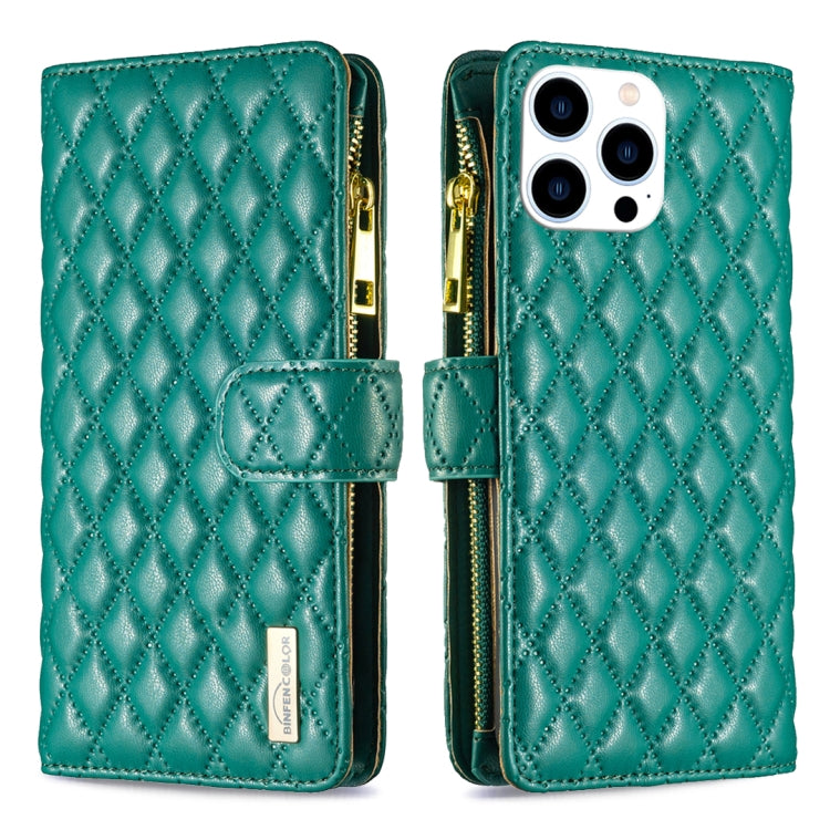 For iPhone 16 Pro Max Diamond Lattice Zipper Wallet Leather Flip Phone Case(Green) - iPhone 16 Pro Max Cases by buy2fix | Online Shopping UK | buy2fix