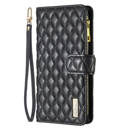 For iPhone 16 Plus Diamond Lattice Zipper Wallet Leather Flip Phone Case(Black) - iPhone 16 Plus Cases by buy2fix | Online Shopping UK | buy2fix