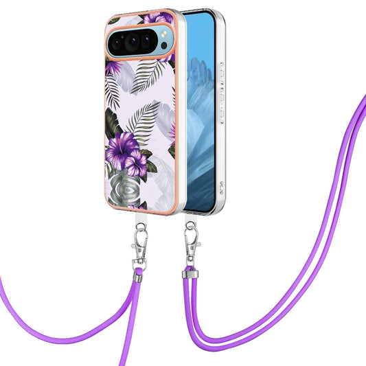 For Google Pixel 9 / 9 Pro Electroplating IMD TPU Phone Case with Lanyard(Purple Flower) - Google Cases by buy2fix | Online Shopping UK | buy2fix