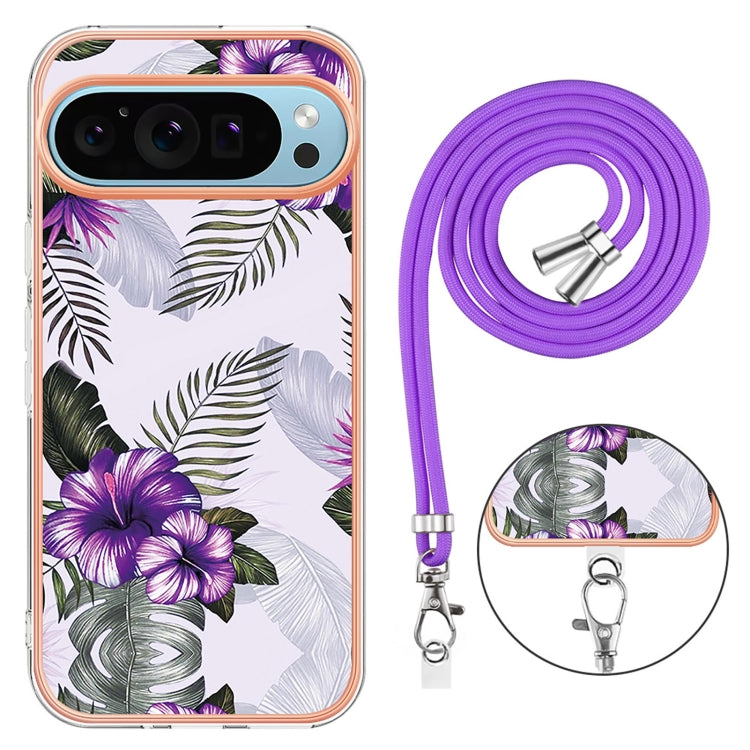 For Google Pixel 9 / 9 Pro Electroplating IMD TPU Phone Case with Lanyard(Purple Flower) - Google Cases by buy2fix | Online Shopping UK | buy2fix