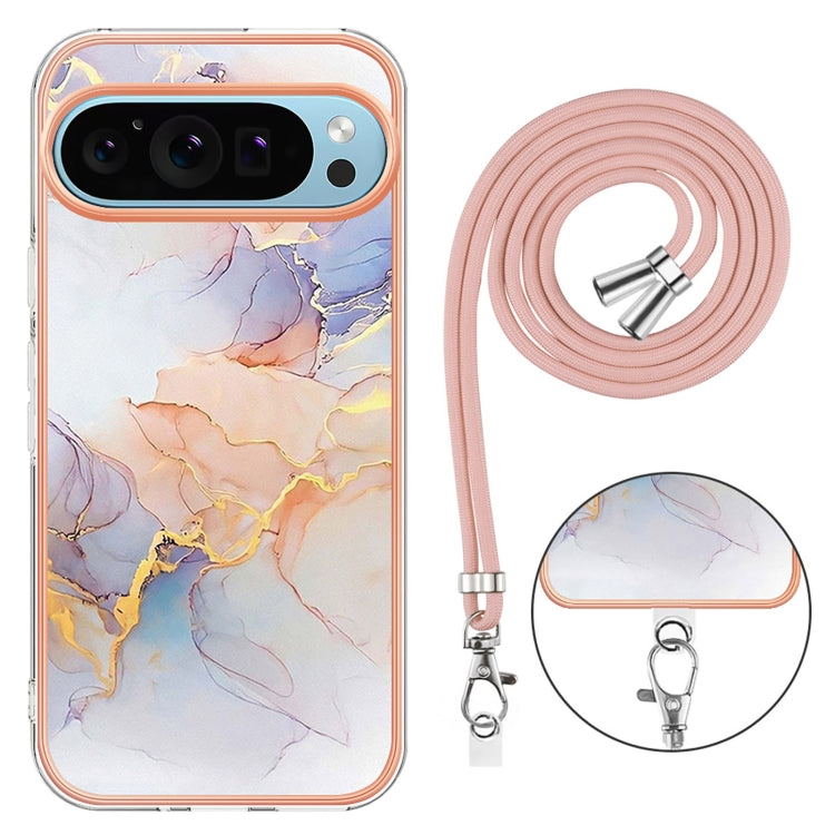 For Google Pixel 9 Pro XL Electroplating IMD TPU Phone Case with Lanyard(White Marble) - Google Cases by buy2fix | Online Shopping UK | buy2fix