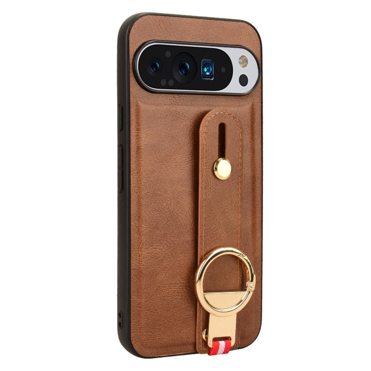 For Google Pixel 9 Wristband Leather Back Phone Case(Brown) - Google Cases by buy2fix | Online Shopping UK | buy2fix