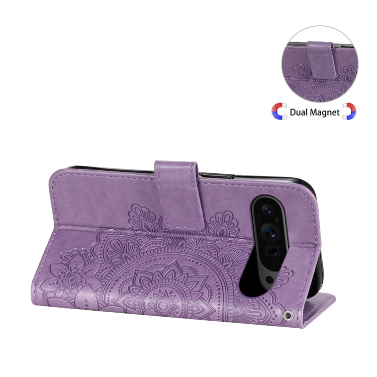 For Google Pixel 9 Pro 7-petal Flowers Embossing Leather Phone Case(Light Purple) - Google Cases by buy2fix | Online Shopping UK | buy2fix