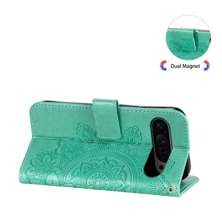 For Google Pixel 9 Pro 7-petal Flowers Embossing Leather Phone Case(Green) - Google Cases by buy2fix | Online Shopping UK | buy2fix