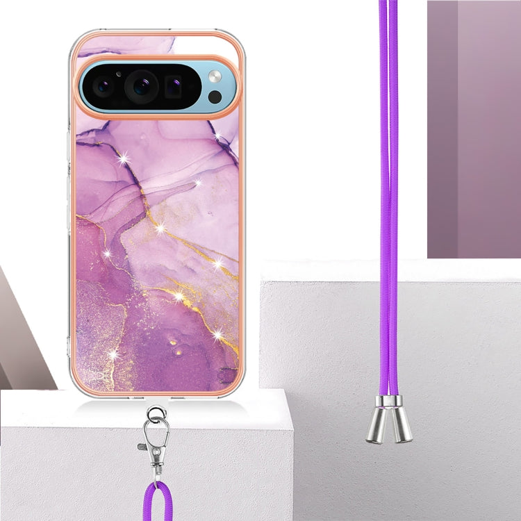 For Google Pixel 9 Pro XL Electroplating Marble Dual-side IMD Phone Case with Lanyard(Purple 001) - Google Cases by buy2fix | Online Shopping UK | buy2fix