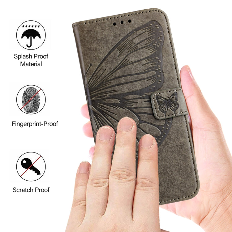 For iPhone 16 Plus Embossed Butterfly Leather Phone Case(Grey) - iPhone 16 Plus Cases by buy2fix | Online Shopping UK | buy2fix