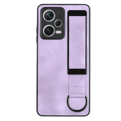 For Xiaomi Redmi Note 12 Pro 5G Global Wristband Holder Leather Back Phone Case(Purple) - Xiaomi Cases by buy2fix | Online Shopping UK | buy2fix