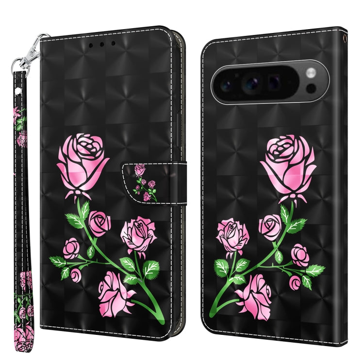 For Google Pixel 9 Pro XL 3D Painted Pattern Leather Phone Case(Rose) - Google Cases by buy2fix | Online Shopping UK | buy2fix