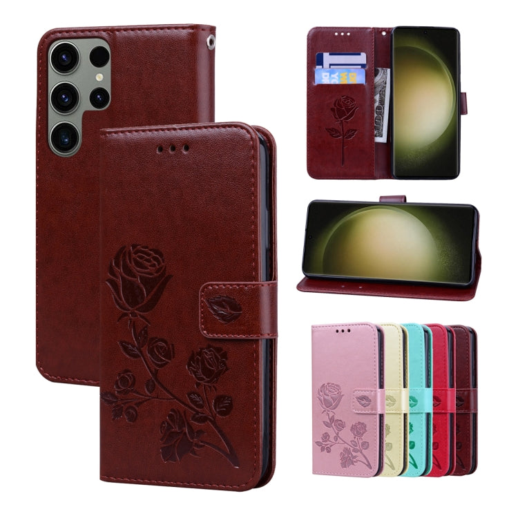 For Samsung Galaxy S24 Ultra Rose Embossed Flip PU Leather Phone Case(Brown) - Galaxy S24 Ultra 5G Cases by buy2fix | Online Shopping UK | buy2fix