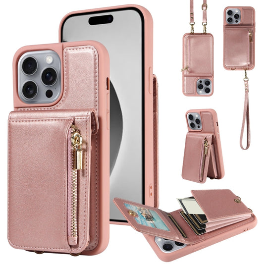 For iPhone 16 Pro Max Crossbody Lanyard Zipper Wallet Leather Phone Case(Rose Gold) - iPhone 16 Pro Max Cases by buy2fix | Online Shopping UK | buy2fix