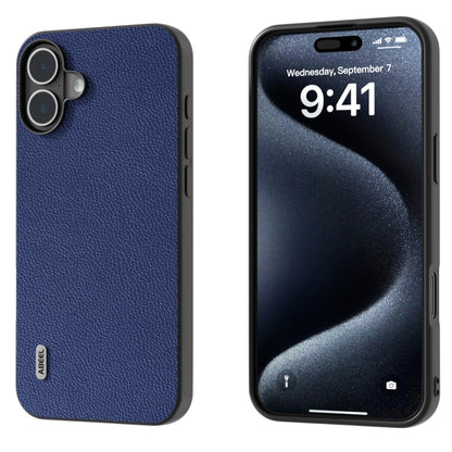 For iPhone 16 Plus ABEEL Black Edge Genuine Leather Mino Phone Case(Royal Blue) - iPhone 16 Plus Cases by buy2fix | Online Shopping UK | buy2fix