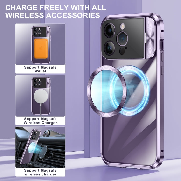 For iPhone 15 Pro Large Window Holder MagSafe Magnetic Metal Phone Case(Purple) - iPhone 15 Pro Cases by buy2fix | Online Shopping UK | buy2fix