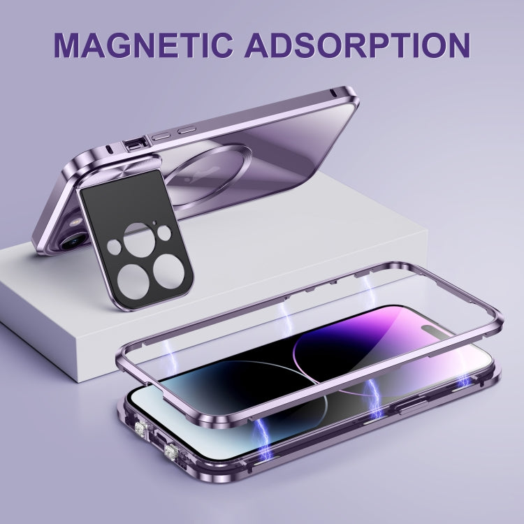 For iPhone 14 Large Window Holder MagSafe Magnetic Metal Phone Case(Purple) - iPhone 14 Cases by buy2fix | Online Shopping UK | buy2fix