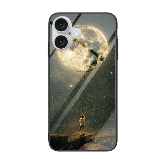 For iPhone 16 Colorful Painted Glass Phone Case(Moon) - iPhone 16 Cases by buy2fix | Online Shopping UK | buy2fix