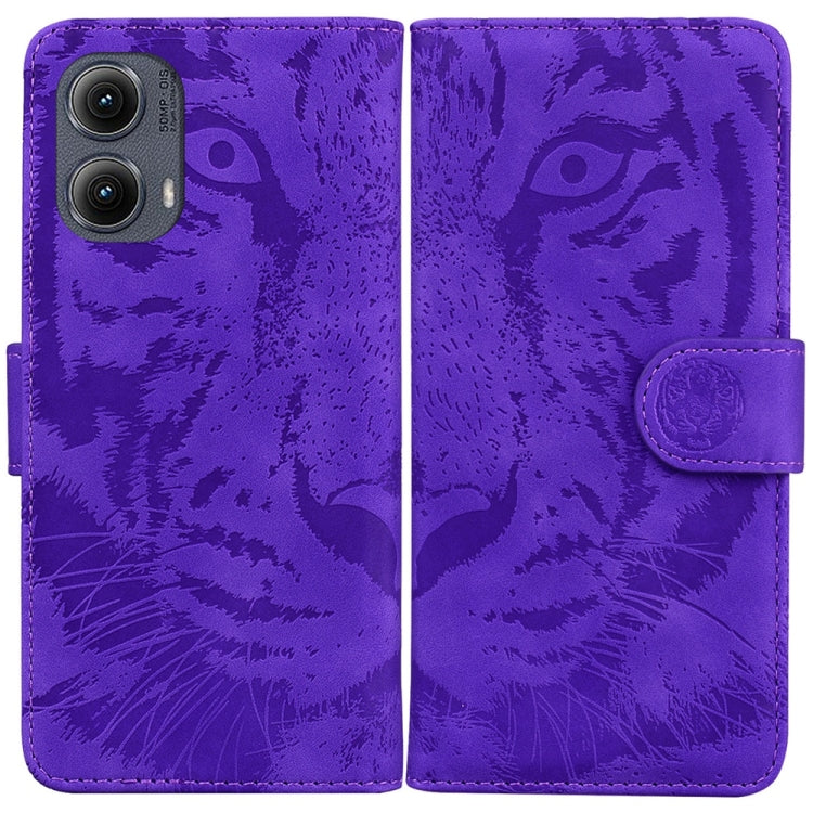 For Motorola Edge 2024 Tiger Embossing Pattern Leather Phone Case(Purple) - Motorola Cases by buy2fix | Online Shopping UK | buy2fix