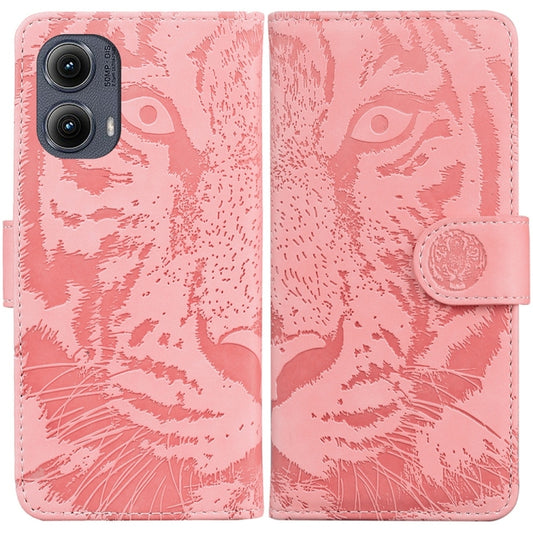 For Motorola Edge 2024 Tiger Embossing Pattern Leather Phone Case(Pink) - Motorola Cases by buy2fix | Online Shopping UK | buy2fix