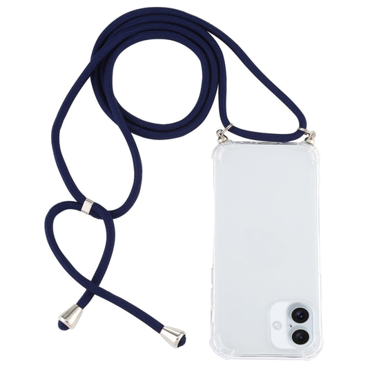 For iPhone 16 Four-Corner Shockproof Transparent TPU Case with Lanyard(Dark Blue) - iPhone 16 Cases by buy2fix | Online Shopping UK | buy2fix