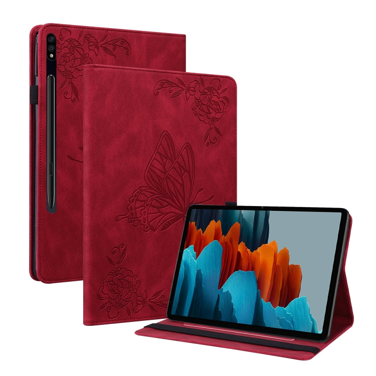 For Samsung Galaxy Tab S9 Butterfly Flower Embossed Leather Tablet Case(Red) - Galaxy Tab S9 Cases by buy2fix | Online Shopping UK | buy2fix